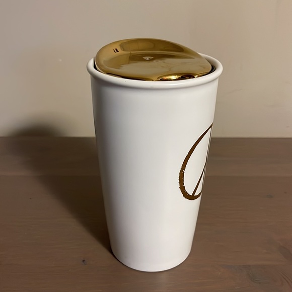 Starbucks White and Gold Peace Sign Ceramic Travel Mug - Picture 6 of 11